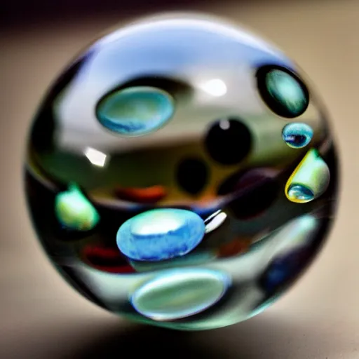 Prompt: one glass eyeball on a table of glass marbles, reflective, glossy