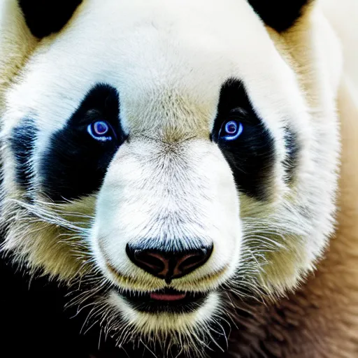 Image similar to photograph of a panda tiger with piercing blue eyes, galaxy in each eye, dramatic lighting, dramatic lighting, beautiful, epic, glorious, extreme detail, 4k, award-winning