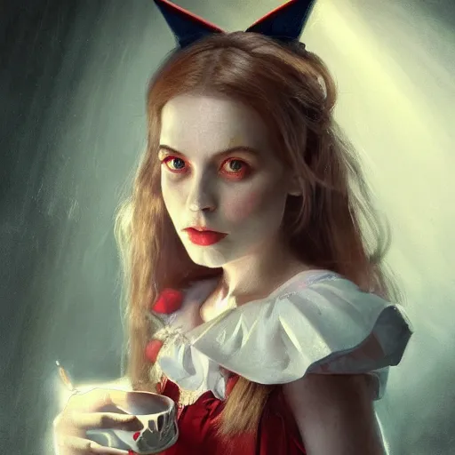 Prompt: closeup portrait of alice in wonderland, dramatic lighting, chiaroscuro, high detail, painted by greg rutkowski, painted by igor kieryluk, painted by bobby chiu, trending on artstation