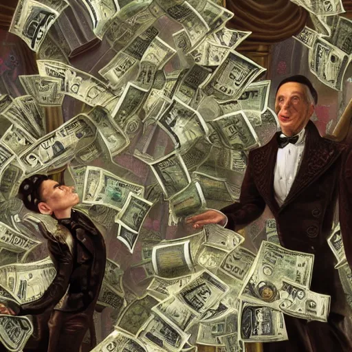 Image similar to huge tornado made of dollar bills, heavy winds carrying dollars in the air, dark clouds of cash in the background, Realistic, Regal, Refined, Detailed Digital Art, Michael Cheval, Walt Disney (1937), François Boucher, Oil Painting, Steampunk, Highly Detailed, Cinematic Lighting, Unreal Engine, 8k