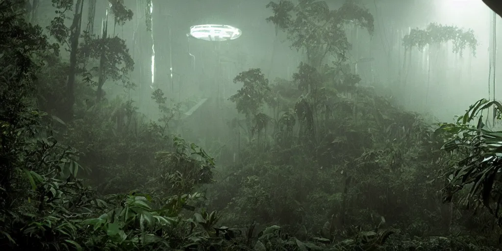 Image similar to film still of a dark scientific research outpost with complicated machinery in a moist foggy jungle, science fiction, ridley scott, lights through fog, futuristic outpost building, wet lush jungle landscape, dark sci - fi, 1 9 8 0 s, beige and dark atmosphere, ridley scott