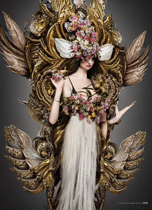 Image similar to expressive full body photo of an angel, ornate headpiece made from flowers, ornaments, glamour shot, by karol bak, photorealistic, canon r 3, fashion photography, hyper maximalist, elegant, ornate, luxury, elite, environmental portrait, symmetrical features, octane render, unreal engine, solid dark grey background, dramatic lights