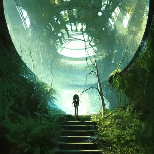 Prompt: stairs leading to a derelict portal in a middle of a snowy lush futuristic forest, alien world seen through a portal, daylight, cinematic lighting, blue sky, syd mead, john harris