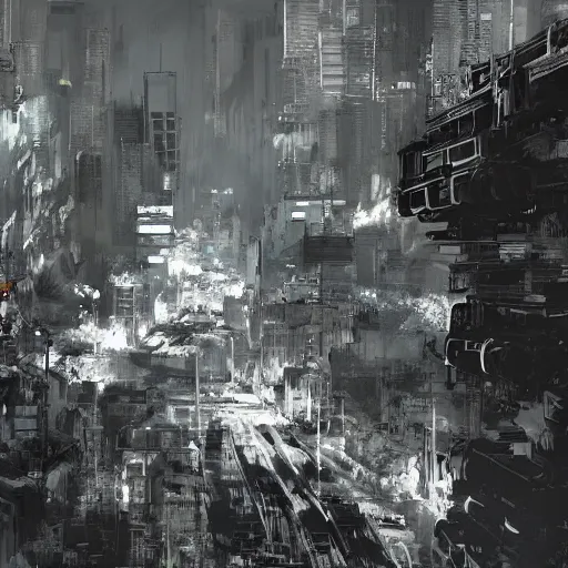 Image similar to concept art of tokyo city taken from drone by yoji shinkawa and ashley wood and j. m. w. turner, speed painting, photo bash, cinematic angle, super detailing, monochrome