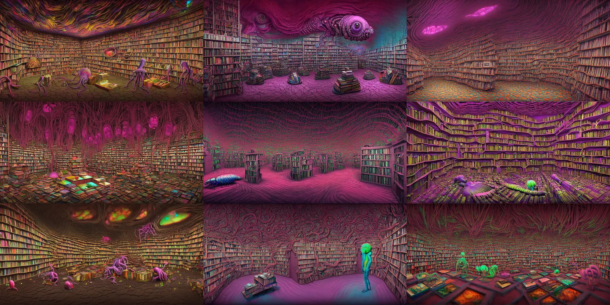 Prompt: insanely detailed generative archvis render of the bookshop of giant iridescent isopods, masterwork, aerochrome eyes, fungal pages, Cronenberg bookshop, by Mark Ryden, Jeff Koons, Moebius, zdzisław beksiński, houdini, siggraph, threadlike, renderfarm