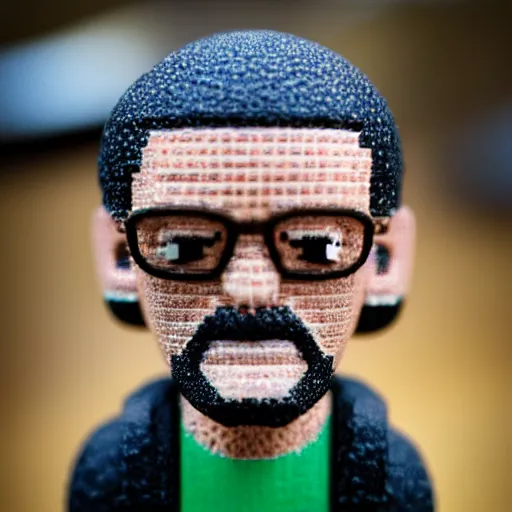 Image similar to close up shot of a pixelated bobble head terence mckenna, depth of field, fstop 1. 3, bokeh