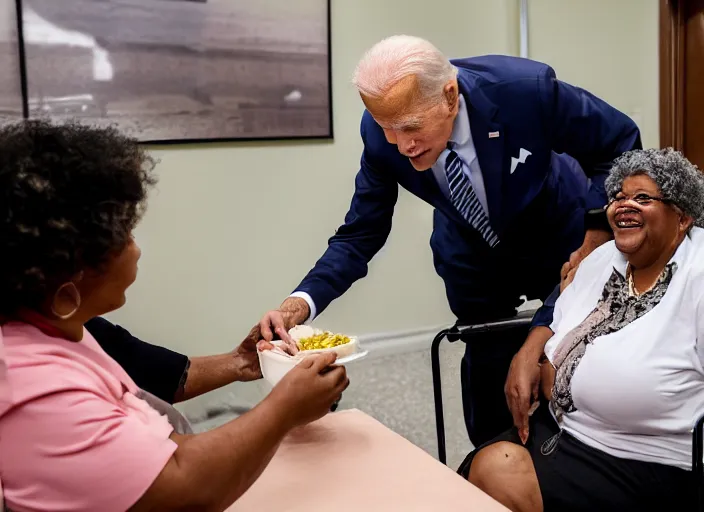 Image similar to Biden in a wheelchair getting spoon-fed by obese black woman, nursing home, award winning cinematic photography, 50 mm, blurred background, trending on twitter