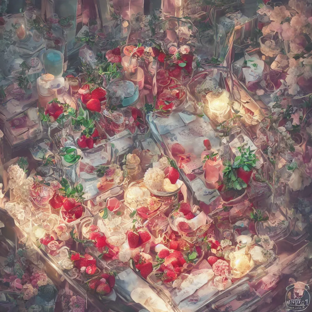 Image similar to cold drinks, ice cream, strawberry embellishment, books and flowers, trending on studio ghibli, dreamy, soft, global illumination, radiant light, intricate environment, luminescence, highly detailed, 8 k