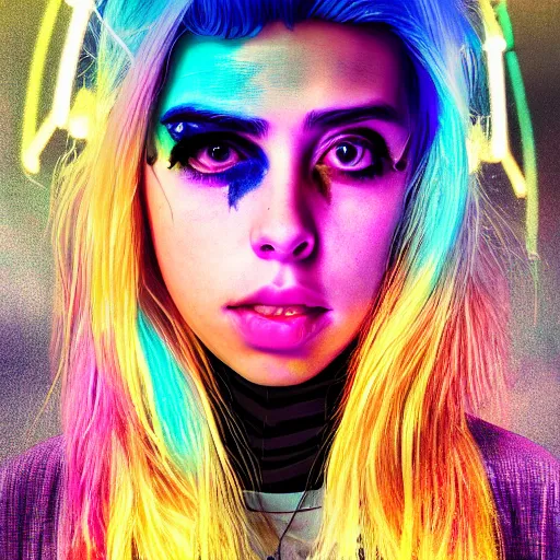 Image similar to Cyberpunk Billie Eilish, (Sony a7R IV, symmetric balance, polarizing filter, Photolab, Lightroom, 4K, Dolby Vision, Photography Award)