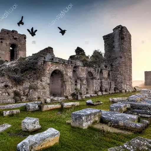 Image similar to an ancient sanctuary made of stone, abandoned, with big towers, white birds flying in the distance, vegetation covering parts of it, golden hour, mist