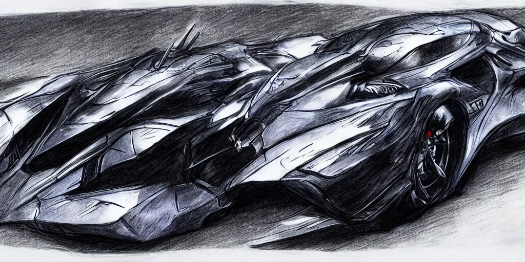 Prompt: ballpoint pen drawing of the batmobile, batman, arkham knight