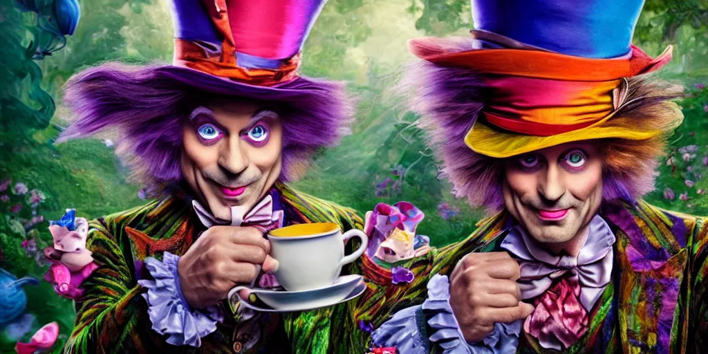Prompt: The Mad Hatter landscape portrait, Alice in wonderland, colorful, wide angle, super highly detailed, professional digital painting, artstation, concept art, smooth, sharp focus, no blur, no dof, extreme illustration, Unreal Engine 5, Photorealism, HD quality, 8k resolution, cinema 4d, 3D, beautiful, cinematic, art by artgerm and greg rutkowski and alphonse mucha and loish and WLOP