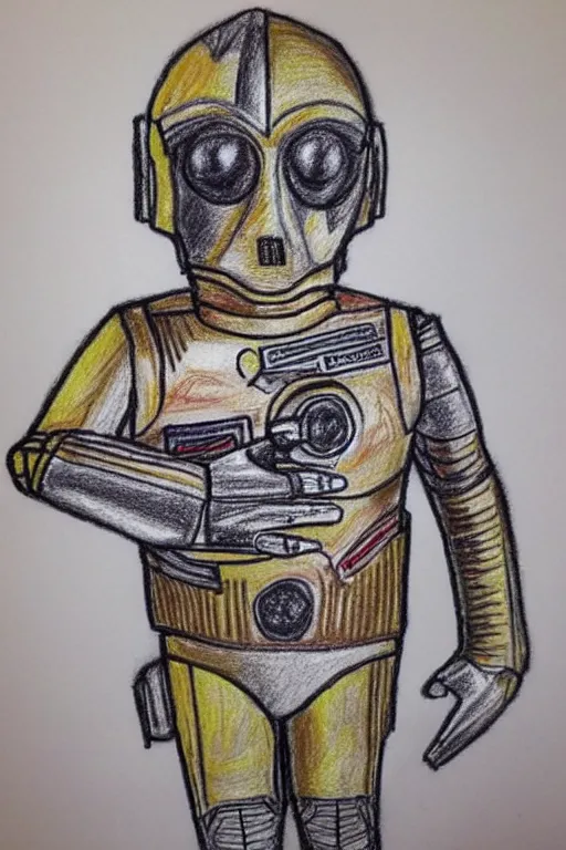 Prompt: child's drawing of c 3 po, crayon