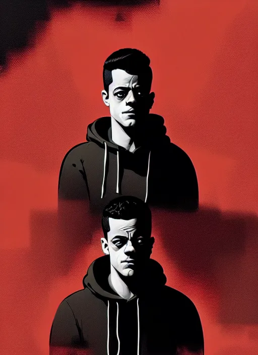 Image similar to highly detailed closeup portrait of rami malek, elliot alderson, black hoody by atey ghailan, by greg rutkowski, by greg tocchini, by james gilleard, by joe fenton, by kaethe butcher, gradient red, black and white color scheme, grunge aesthetic!!! ( ( graffiti tag wall background ) )