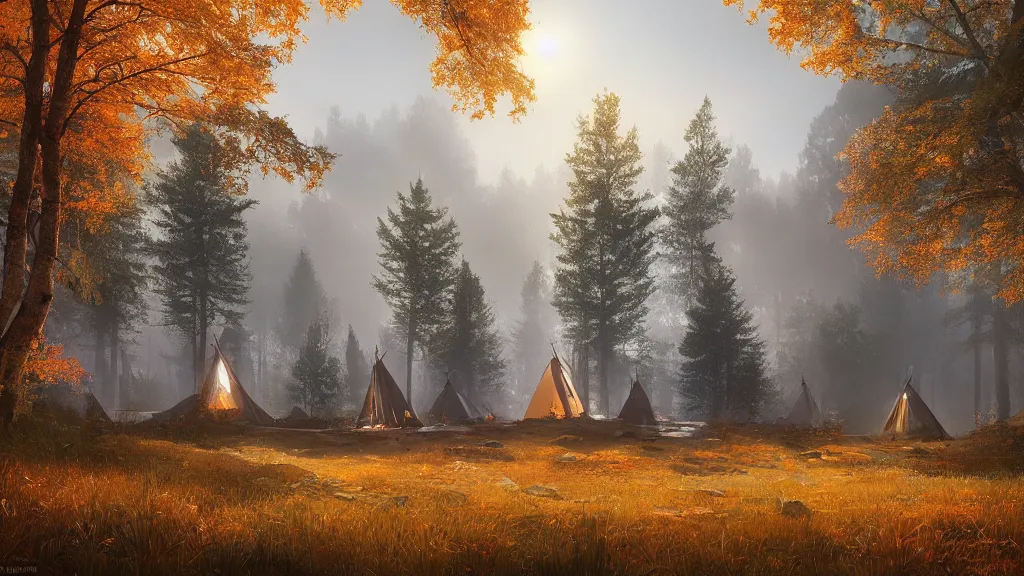 Prompt: beautiful render of a group of teepees, unreal engine, evening, soft light, forest, fall, orange leaves, larches, early morning, fog, mist, by greg rutkowski, cgsociety