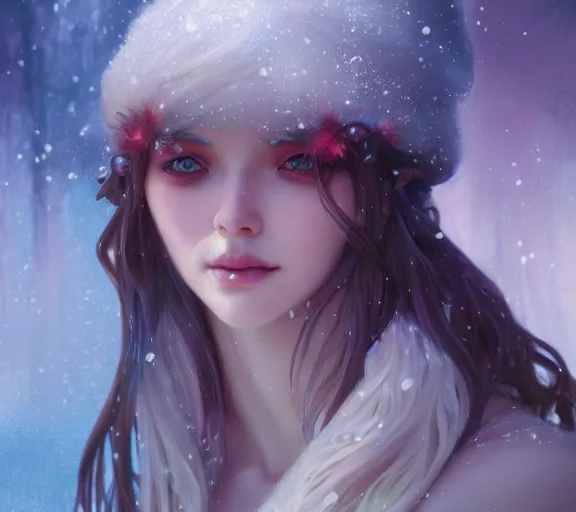 Image similar to beautiful ancient frost witch, pastel fire in eye, snow glow, pool party, highly detailed, digital painting, artstation, sharp focus, illustration, art by tan zi and ayanamikodon and alphonse mucha and wlop