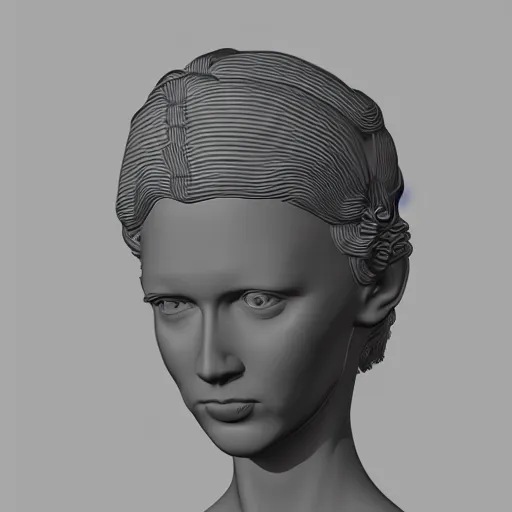 Image similar to 3 d render of a sculpture of a tall girl with long hair and a crown on her head, no colors, white and black, plastic, 4 k, 8 k, hd,