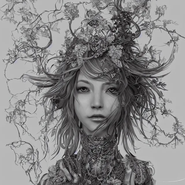 Image similar to the portrait of chaotic good female druid botanist as absurdly beautiful, gorgeous, elegant, young gravure idol, an ultrafine hyperdetailed illustration by kim jung gi, irakli nadar, intricate linework, sharp focus, bright colors, octopath traveler, final fantasy, unreal engine 5 highly rendered, global illumination, radiant light, detailed and intricate environment