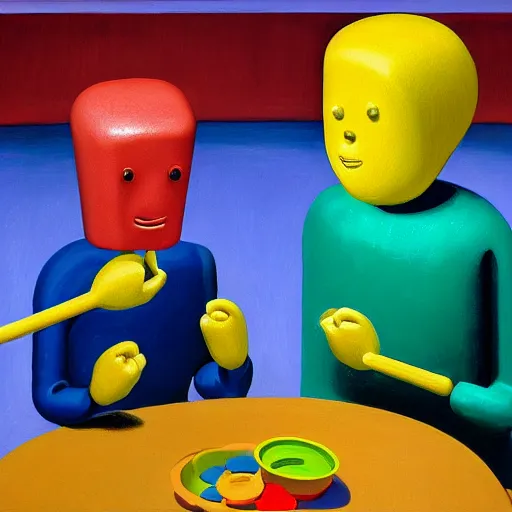 Prompt: happy robots eating play - doh noodles from a play - doh nozzle, grant wood, pj crook, edward hopper, oil on canvas