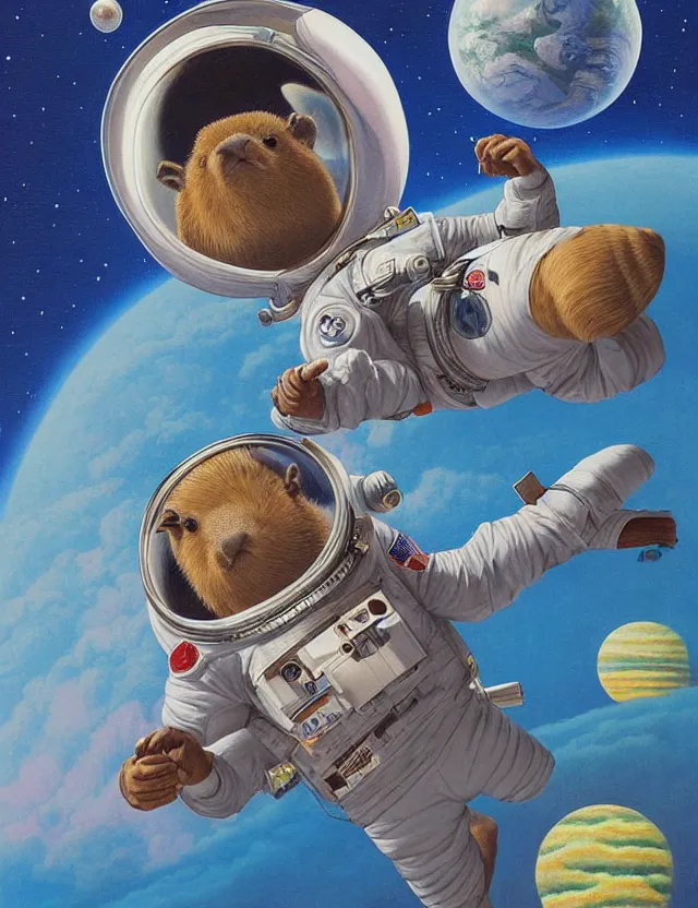 Image similar to beautiful detailed painting of a capybara astronaut in a spacesuit floating above earth by casey weldon by mark ryden by thomas blackshear