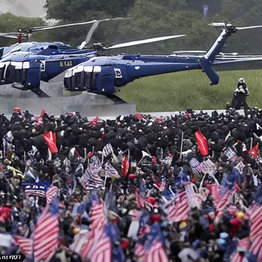 Image similar to donald trump running from policemen that are chasing him behind him, helicopters and explosions in the background