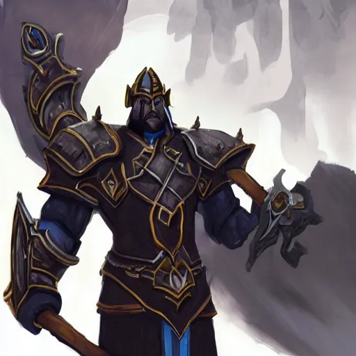 Image similar to a bald black paladin wielding a large hammer standing in front of a majestic castle, world of warcraft concept art