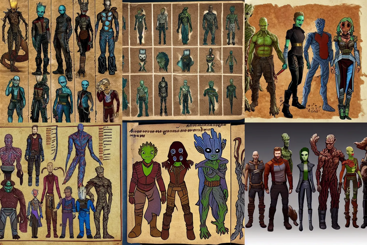 Prompt: ancient manuscript showing characters from Guardians of the Galaxy, Star Lord, Groot, Rocket, Gamora and Drax