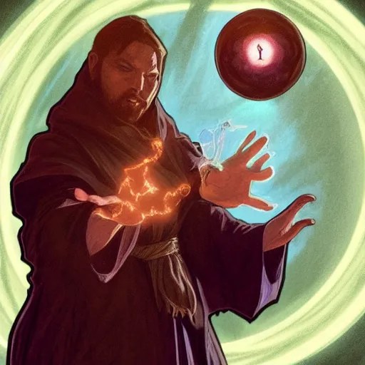 Image similar to a warlock is casting a magic spell, with magic orb floating in his hand , dynamic pose, natural lighting, medium level shot, Mucha style , Grim fantasy, illustration ,concept art,