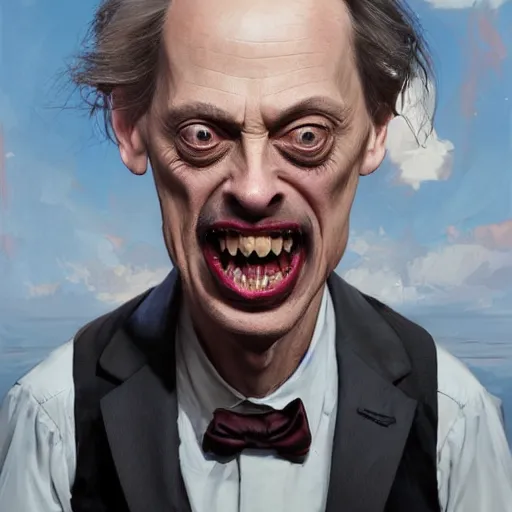 Image similar to hyper realistic absurd, silly, making insane faces, steve buscemi / john waters riding a tiny tricycle, painted by greg rutkowski, wlop, artgerm, dishonored 2, half life 2