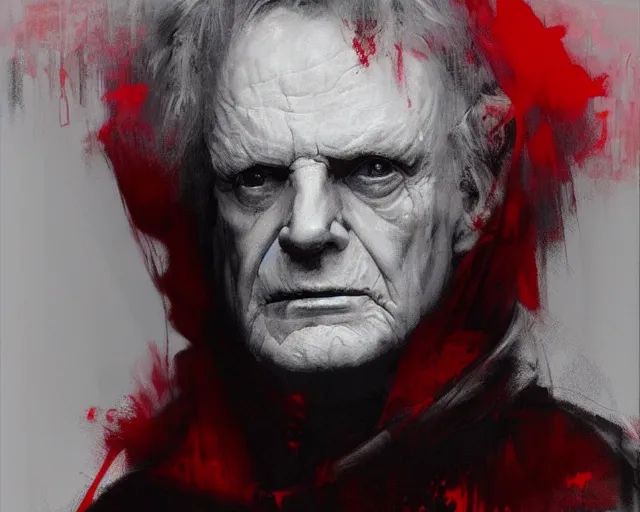 Image similar to portrait of emperor palpatine sidious ian mcdiarmid with a big hood in shades of grey but with red by jeremy mann