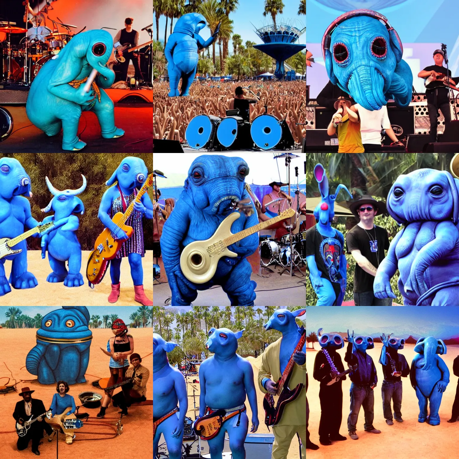 Prompt: Max Rebo Band live on stage at Coachella in the year 2375