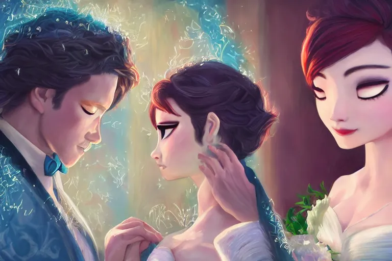 Image similar to a cinematic portrait of wedding photograph jpeg close up moment of a divine a japan sun god and moon goddess lovers magician at a wedding banquet. portraiture. digital painting. artstation. concept art. wedding photo. illustration. frozen ii art masterpiece by art by krenz cushart