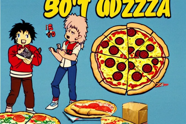 Image similar to pizza, 80s, advertisement, anime, explosion!!