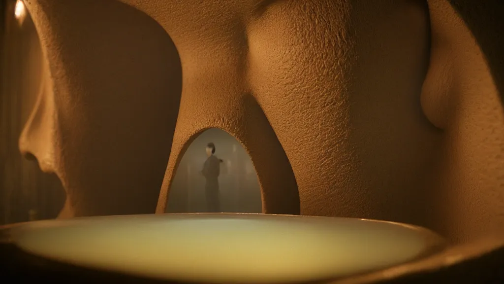 Image similar to the giant nose in the restaurant, made of water, film still from the movie directed by Denis Villeneuve with art direction by Zdzisław Beksiński, wide lens