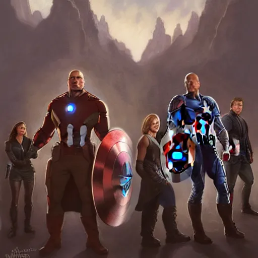 Prompt: A group photo of the Avengers but it's all Dwayne Johnson, western, D&D, fantasy, intricate, elegant, highly detailed, digital painting, artstation, concept art, matte, sharp focus, illustration, art by Artgerm and Greg Rutkowski and Alphonse Mucha