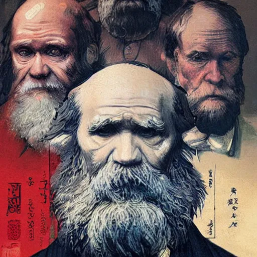 Image similar to portrait of charles darwin with human species from the future, hanafuda oil on canvas by ivan shishkin, james jean and yoji shinkawa