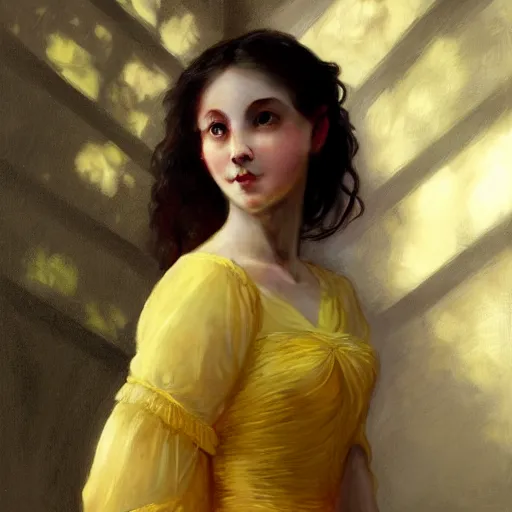 Image similar to a woman in a yellow organza dress dancing, intricate, elegant, realistic, smooth, sharp focus, rim light, illustration, by ruan jia and mandy jurgens and william - adolphe bouguereau, artgerm