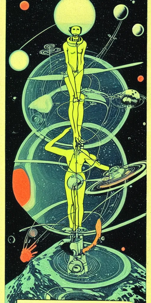 Image similar to 1968 science fiction tarot card, cut out collage, Jugendstil, xerox punk, spring on Saturn, epic theater, deep sea, mountain plants, nouvelle vague, drawings in part by moebius, part by Ernst Haekl, text by William S Boroughs, composition by neo Rauch