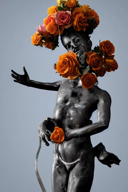 Image similar to milky quartz statue of a beautiful basquiat wearing a crown full of peach roses and reaching to the sky. rococo style scroll ribbon wirling across the sky, papyrus, background heavenly sky, marble, Trending on artstation. halo. octane render, cinematic, hyper realism, octane render, 8k, depth of field, 3D