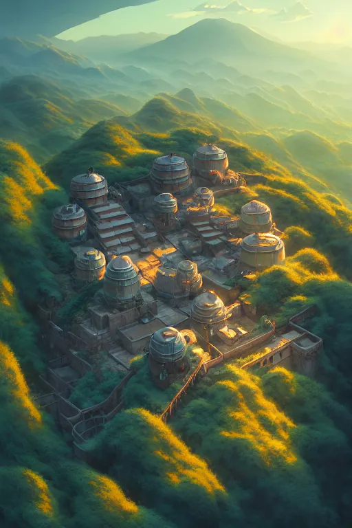 Image similar to a highly detailed matte painting of a post - apocalyptic hillside laboratory monastery aerial view, by studio ghibli, makoto shinkai, by artgerm, by wlop, by greg rutkowski, volumetric lighting, octane render, 4 k resolution, trending on artstation, masterpiece