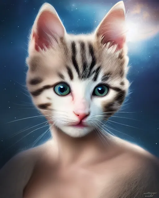 Image similar to a kitten on a rocket, photo, ultra detail, photoreal, professionally retouched, soft moonlight lighting, shiny plastic bikini, realistic, smooth face, goddess, luscious lips, perfect eyes, wide angle, sharp focus on eyes, 8 k high definition, insanely detailed, intricate, elegant, art by artgerm and wlop