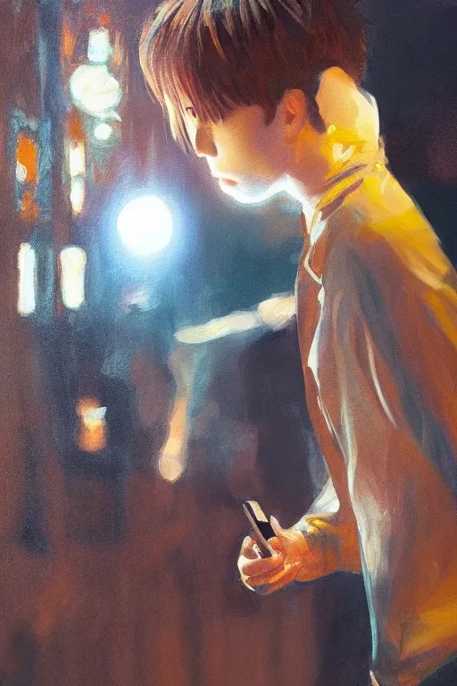 Image similar to realistic detailed full body picture of a sad finnish boy dancing in a south korean night club with a phone in hand, short brown hair, big eyes, masculine jawline, colorful, oil painting, cinematic lighting