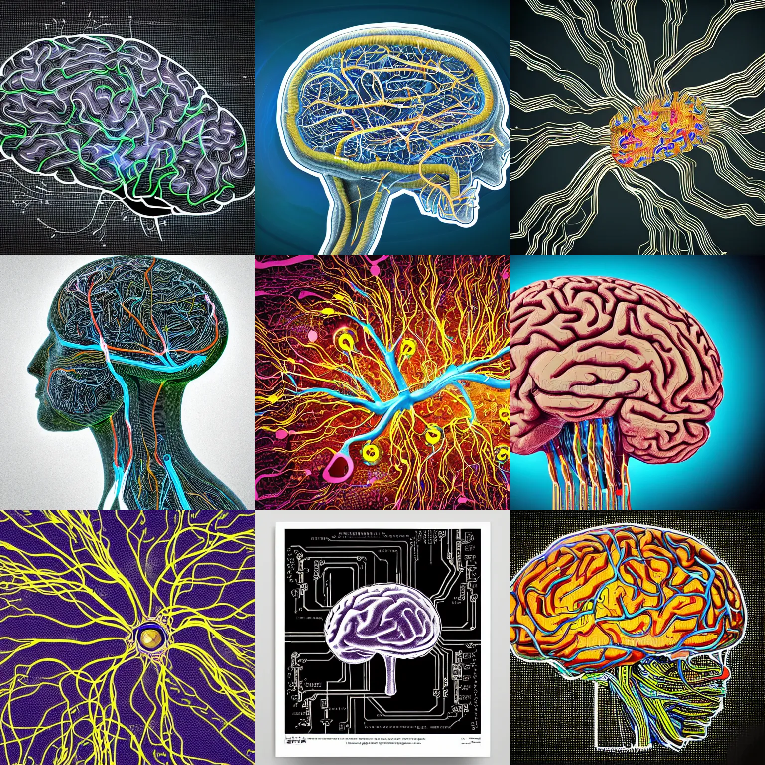 Prompt: human brain, neurons and synapses, integrated circuit, printed circuit board, electrical signals, detailed, realistic, in style of digital illustration