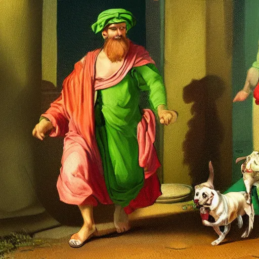 Prompt: Diogenes wearing a bright green cap near his barrel home with dogs, beautiful, highly detailed, a chicken running around, digital painting