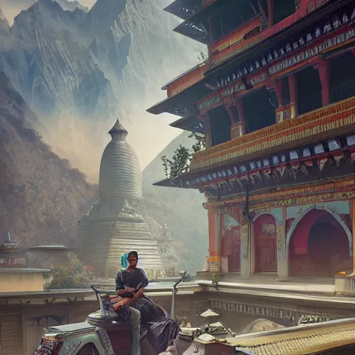 Image similar to painting nepal as a futuristic society, ultra realistic, concept art, intricate details, eerie, highly detailed, photorealistic, octane render, 8 k, unreal engine. art by artgerm and greg rutkowski and alphonse mucha