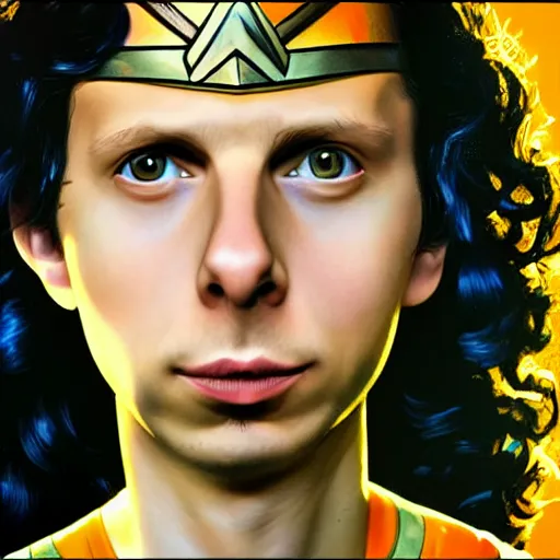 Image similar to photorealistic art of Michael Cera as Wonderwoman, dynamic lighting, space atmosphere, hyperrealism, stunning visuals