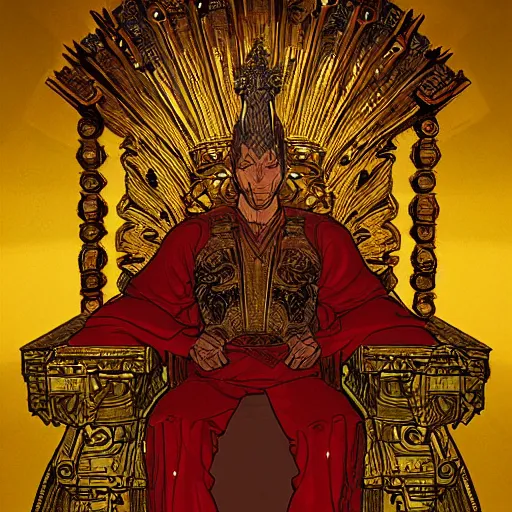 Image similar to a portrait o a god with a golden armor seated in a throne, moebius style