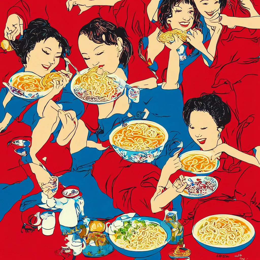 Prompt: 2 beautiful women eating a bowl of ramen, 1990s poster art