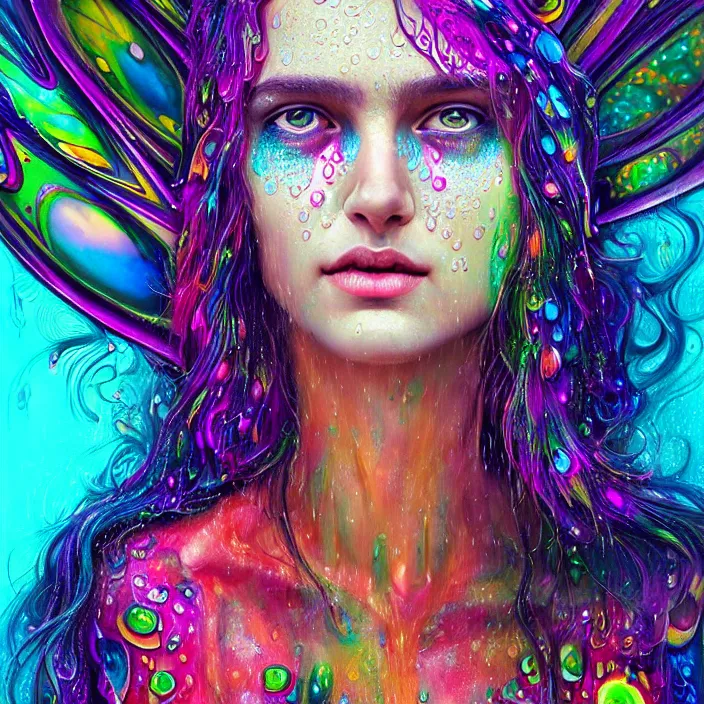 Image similar to bright psychedelic portrait with rain on face and wet hair, wings, smiling, diffuse lighting, fantasy, intricate, elegant, highly detailed, lifelike, photorealistic, digital painting, artstation, illustration, concept art, smooth, sharp focus, art by John Collier and Albert Aublet and Krenz Cushart and Artem Demura and Alphonse Mucha