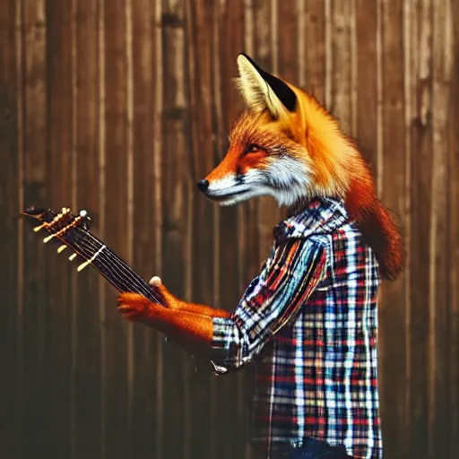 Image similar to a female fox animal, wearing cowboy hat, wearing plaid shirt, playing guitar, inside a barn, album cover style